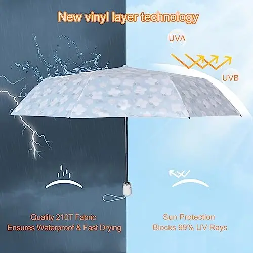 Cuby UV Sun Umbrella Compact Folding Travel Umbrella Auto Open and Close for Windproof, Rainproof & 99.9% UV Protection Parasol with Black Anti-UV Coating (Blue Jasmine) - CUBY (1)