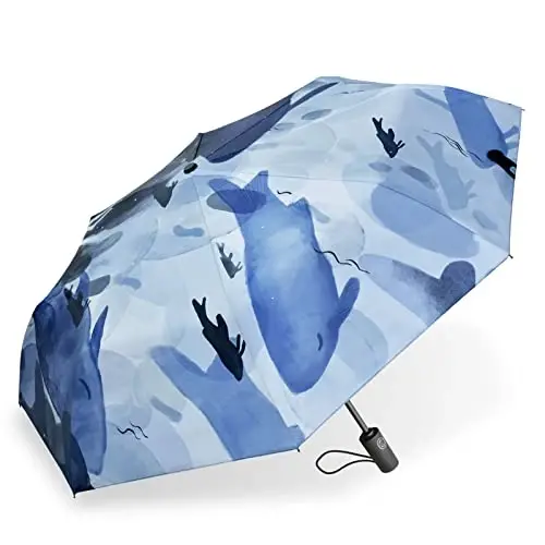 Cuby UV Sun Umbrella Compact Folding Travel Umbrella Auto Open and Close for Windproof, Rainproof & 99.9% UV Protection Parasol with Black Anti-UV Coating (Blue Whale) 