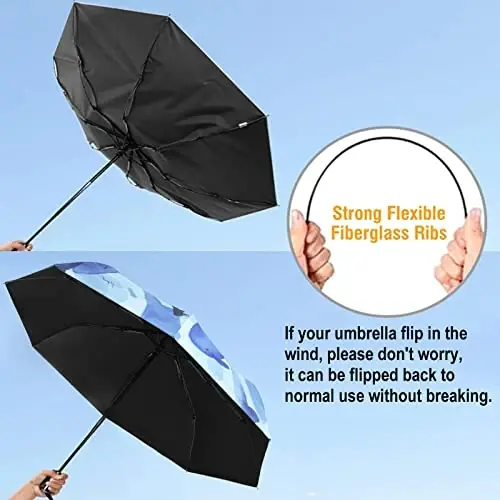 Cuby UV Sun Umbrella Compact Folding Travel Umbrella Auto Open and Close for Windproof, Rainproof & 99.9% UV Protection Parasol with Black Anti-UV Coating (Blue Whale) - 4