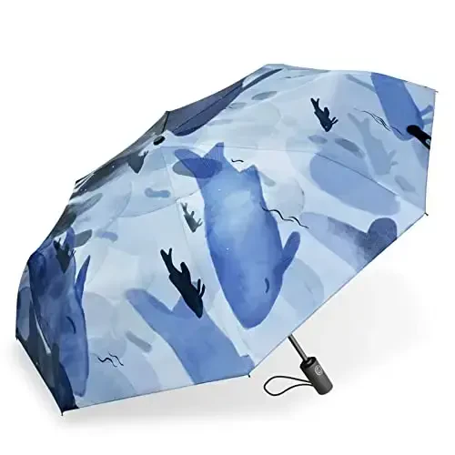 Cuby UV Sun Umbrella Compact Folding Travel Umbrella Auto Open and Close for Windproof, Rainproof & 99.9% UV Protection Parasol with Black Anti-UV Coating (Blue Whale) - MODAZONE