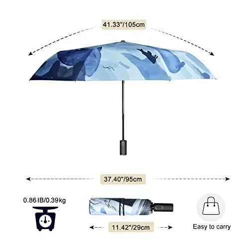 Cuby UV Sun Umbrella Compact Folding Travel Umbrella Auto Open and Close for Windproof, Rainproof & 99.9% UV Protection Parasol with Black Anti-UV Coating (Blue Whale) - 7
