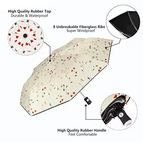 Cuby UV Sun Umbrella Compact Folding Travel Umbrella Auto Open and Close for Windproof, Rainproof & 99.9% UV Protection Parasol with Black Anti-UV Coating (Flowers) - 3