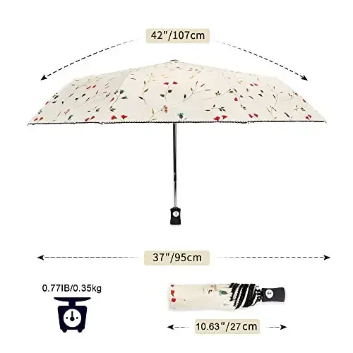 Cuby UV Sun Umbrella Compact Folding Travel Umbrella Auto Open and Close for Windproof, Rainproof & 99.9% UV Protection Parasol with Black Anti-UV Coating (Flowers) - 5