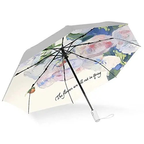 Cuby UV Sun Umbrella Compact Folding Travel Umbrella Auto Open and Close for Windproof, Rainproof & 99.9% UV Protection Parasol with Silver Anti-UV Coating (Silver Rose) - 1