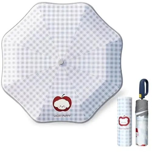 Cuby UV Sun Umbrella for Kids, with Carabiner Hook (Blue Plaid) | Portable Compact Travel Parasol with Auto Open/Close,SPF 50+ Sun Protection Umbrella for Walking,Perfect for Girls & Women. - 1