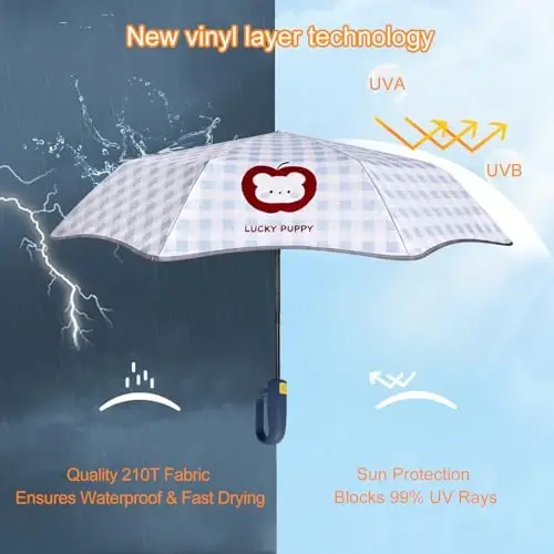 Cuby UV Sun Umbrella for Kids, with Carabiner Hook (Blue Plaid) | Portable Compact Travel Parasol with Auto Open/Close,SPF 50+ Sun Protection Umbrella for Walking,Perfect for Girls & Women. - 4