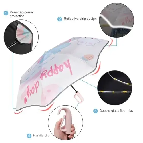 Cuby UV Sun Umbrella for Kids, with Carabiner Hook (Pink Rabbit) | Portable Compact Travel Parasol with Auto Open/Close,SPF 50+ Sun Protection Umbrella for Walking,Perfect for Girls & Women. - 4