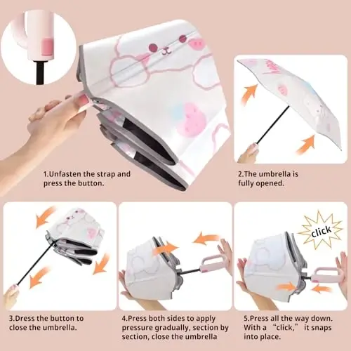 Cuby UV Sun Umbrella for Kids, with Carabiner Hook (Pink Rabbit) | Portable Compact Travel Parasol with Auto Open/Close,SPF 50+ Sun Protection Umbrella for Walking,Perfect for Girls & Women. - 5