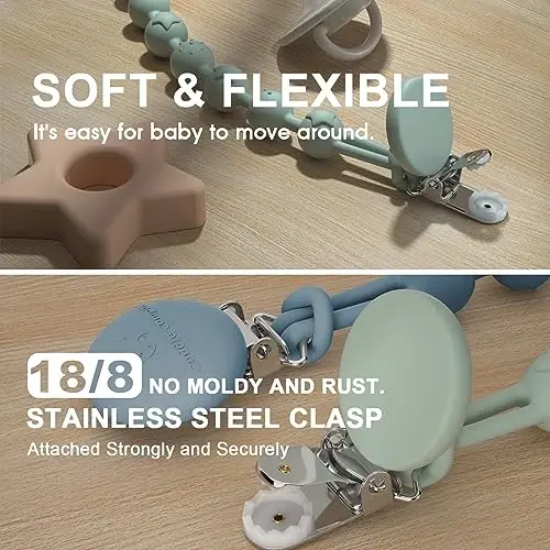 Cuddle Campus Silicone Pacifier Clip Holder with One Piece Design, Pack of 4 Soft Flexible Binky Clips with Texture Set 1(6M+) - 4
