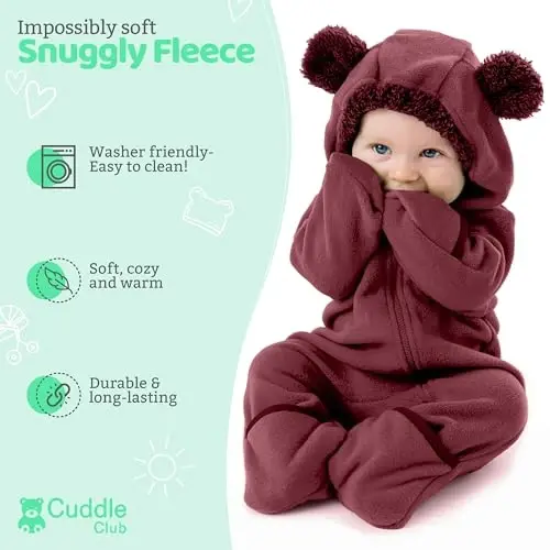 Cuddle Club Fleece Baby Bunting Bodysuit bilan kaput, konvertatsiya qilinadigan qo'lqoplar va etiklar, avtomobil o'rindig'iga mos, yumshoq va issiq, oson fermuar - 2