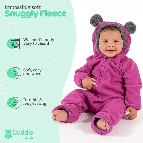 Cuddle Club Fleece Baby Bunting Bodysuit with Hood, Convertible Mittens & Booties, Car Seat Friendly, Soft & Warm, Easy Zip - 2