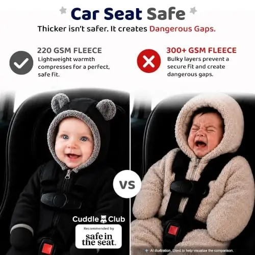 Cuddle Club Fleece Baby Bunting Bodysuit kapüşonli, o'zgaruvchan qo'lqoplar va etiklar, avtomobil o'rindig'iga mos, yumshoq va issiq, oson fermuar - 5