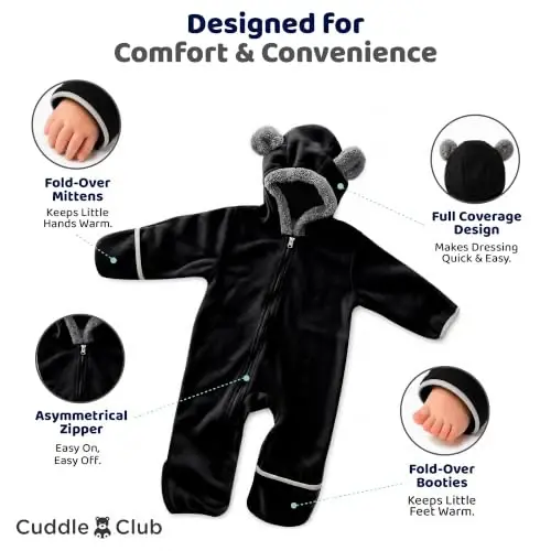Cuddle Club Fleece Baby Bunting Bodysuit with Hood, Convertible Mittens & Booties, Car Seat Friendly, Soft & Warm, Easy Zip - 3