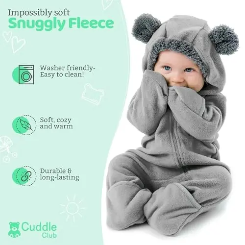 Cuddle Club Fleece Baby Bunting Bodysuit with Hood, Convertible Mittens & Booties, Car Seat Friendly, Soft & Warm, Easy Zip - 2
