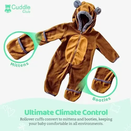 Cuddle Club Fleece Baby Bunting Bodysuit with Hood, Convertible Mittens & Booties, Car Seat Friendly, Soft & Warm, Easy Zip - 3