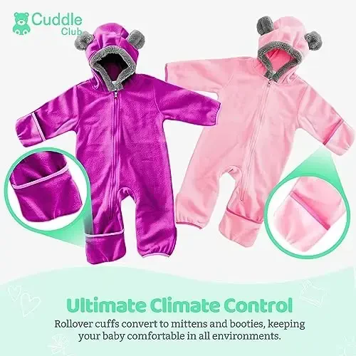 Cuddle Club Fleece Baby Bunting Bodysuit with Hood, Convertible Mittens & Booties, Car Seat Friendly, Soft & Warm, Easy Zip - 3