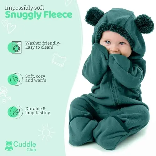 Cuddle Club Fleece Kapüşonlu, Dönüştürülebilir Eldivenli ve Patikli, Araba Koltuğu Dostu, Yumuşak ve Sıcak, Kolay Fermuarlı Bebek Tulumu - 2