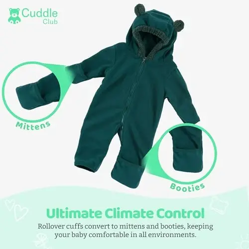 Cuddle Club Fleece Kapüşonlu, Dönüştürülebilir Eldivenli ve Patikli, Araba Koltuğu Dostu, Yumuşak ve Sıcak, Kolay Fermuarlı Bebek Tulumu - 3