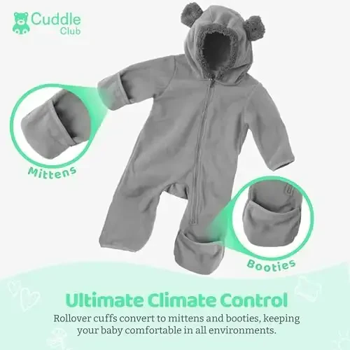 Cuddle Club Fleece Baby Bunting Bodysuit with Hood, Convertible Mittens & Booties, Car Seat Friendly, Soft & Warm, Easy Zip - 3