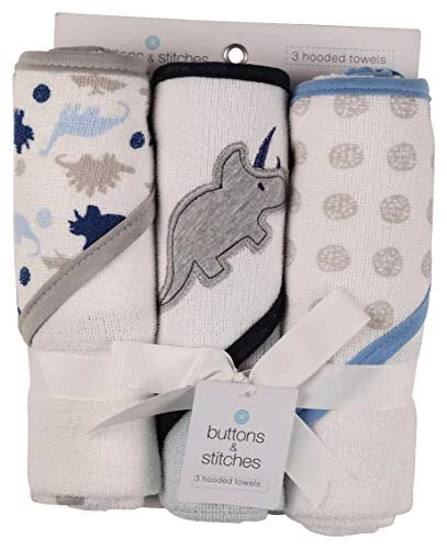 Cudlie Buttons and Stitches Baby Boys 3 Pack Infant Hooded Towel, Triceratops Prints (GS71365) - MODAZONE