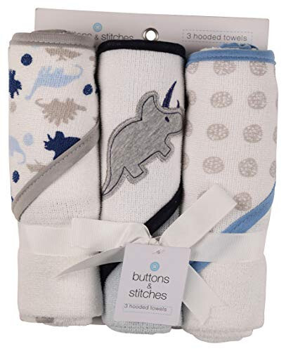 Buttons and Stitches Baby Boys 3 Pack Infant Hooded Towel, Triceratops Prints (GS71365) - BUTTONS