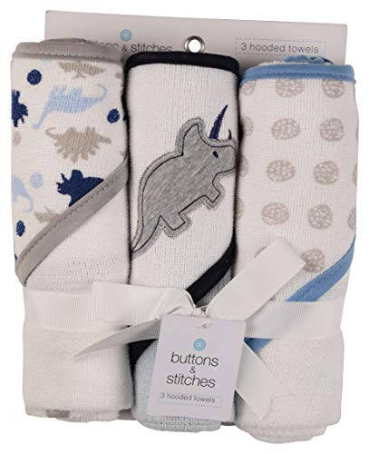 Buttons and Stitches Baby Boys 3 Pack Infant Hooded Towel, Triceratops Prints (GS71365) - 1