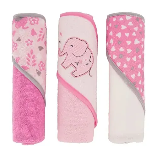 Cudlie Buttons & Stitches Baby Girl 3 Pack Rolled/Carded Hooded Towels in Blooming Elephant Print, GS71729 - 1