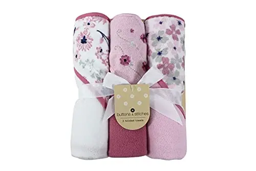 Cudlie Buttons & Stitches Baby Girl 3 Pack Rolled/Carded Hooded Towels in Crisp Blossom Print (GS71728) - 1