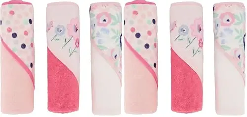 Cudlie Buttons & Stitches Baby Girl 6 Pack Rolled/Carded Hooded Towels in Blooms & Dots Print, GS71731 - 1
