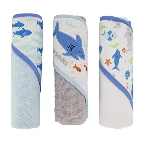 Cudlie Buttons & Stitches Baby Boy 3 Pack Rolled/Carded Hooded Towels in Jawsome Print (GS71723) - 1