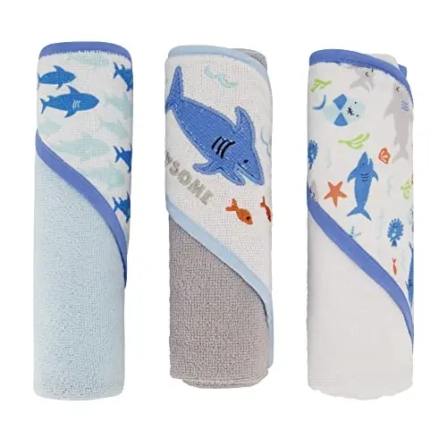 Cudlie Buttons & Stitches Baby Boy 3 Pack Rolled/Carded Hooded Towels in Jawsome Print (GS71723) 