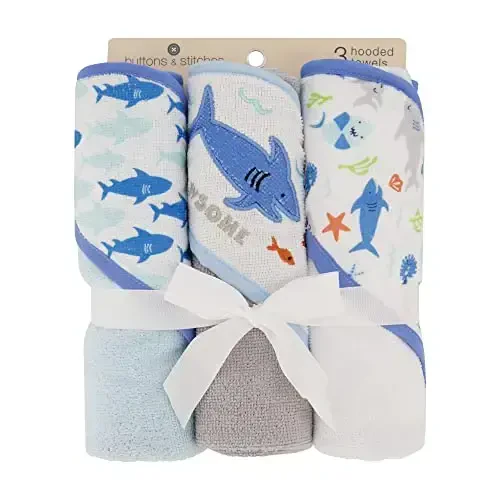 Cudlie Buttons & Stitches Baby Boy 3 Pack Rolled/Carded Hooded Towels in Jawsome Print (GS71723) - CUDLIE (1)