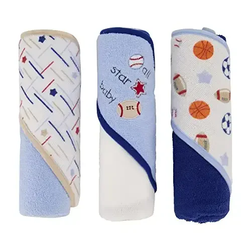 Cudlie Buttons & Stitches Baby Boy 3 Pack Rolled/Carded Hooded Towels in All Star Baby Print (GS71720),3 Count (Pack of 1) - CUDLIE