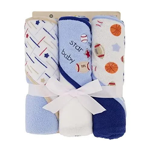 Cudlie Buttons & Stitches Baby Boy 3 Pack Rolled/Carded Hooded Towels in All Star Baby Print (GS71720),3 Count (Pack of 1) - 2