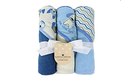 Cudlie Buttons & Stitches Baby Boy 3 Pack Rolled/Carded Hooded Towels in Dog Gone Cute Print, GS71722 - CUDLIE