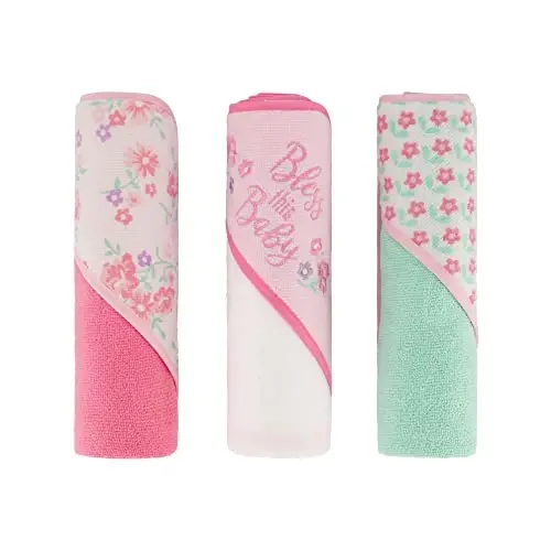 Cudlie Buttons & Stitches Baby Girl 3 Pack Rolled/Carded Hooded Towels in Bless This Baby Print, GS71730 - 1