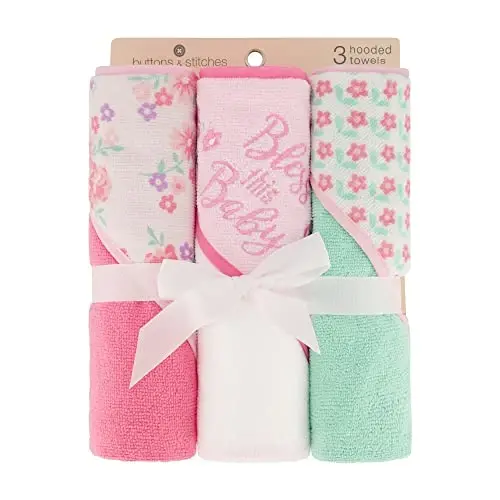 Cudlie Buttons & Stitches Baby Girl 3 Pack Rolled/Carded Hooded Towels in Bless This Baby Print, GS71730 - CUDLIE (1)