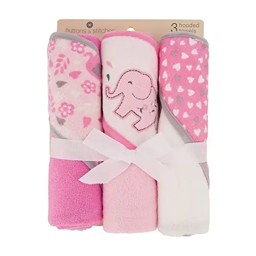 Cudlie Buttons & Stitches Baby Girl 3 Pack Rolled/Carded Hooded Towels in Blooming Elephant Print, GS71729 - CUDLIE (1)
