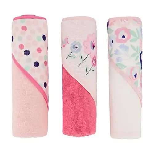 Cudlie Buttons & Stitches Baby Girl 3 Pack Rolled/Carded Hooded Towels in Blooms & Dots Print, GS71731 