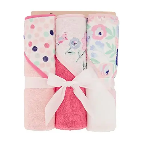 Cudlie Buttons & Stitches Baby Girl 3 Pack Rolled/Carded Hooded Towels in Blooms & Dots Print, GS71731 - CUDLIE (1)