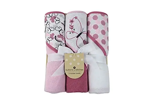 Cudlie Buttons & Stitches Baby Girl 3 Pack Rolled/Carded Hooded Towels in Butterfly Polka Print (GS71727) - 1