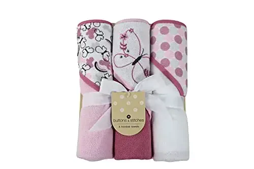Cudlie Buttons & Stitches Baby Girl 3 Pack Rolled/Carded Hooded Towels in Butterfly Polka Print (GS71727) - CUDLIE