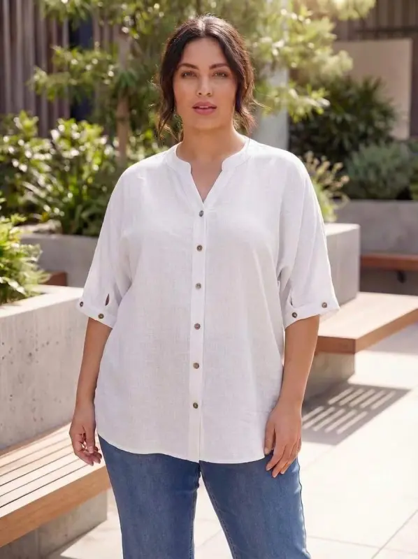 Cuff Detail Linen Blend Women's Plus Size Shirt White - BÜYÜKBEDENIZ