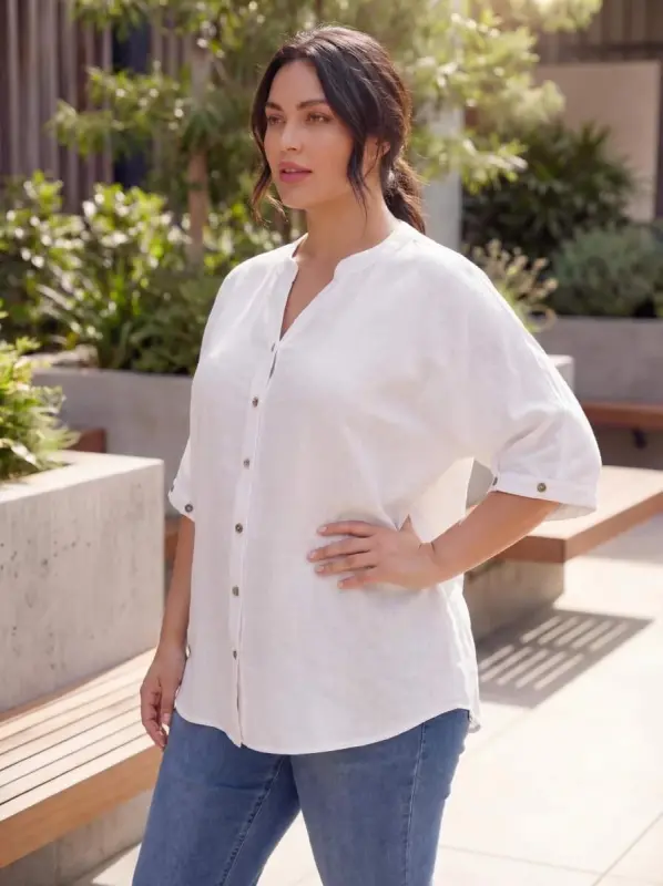 Cuff Detail Linen Blend Women's Plus Size Shirt White - 2