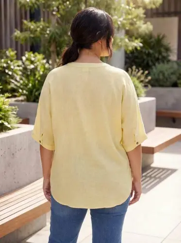 Cuff Detail Linen Blend Women's Plus Size Shirt Yellow - 4