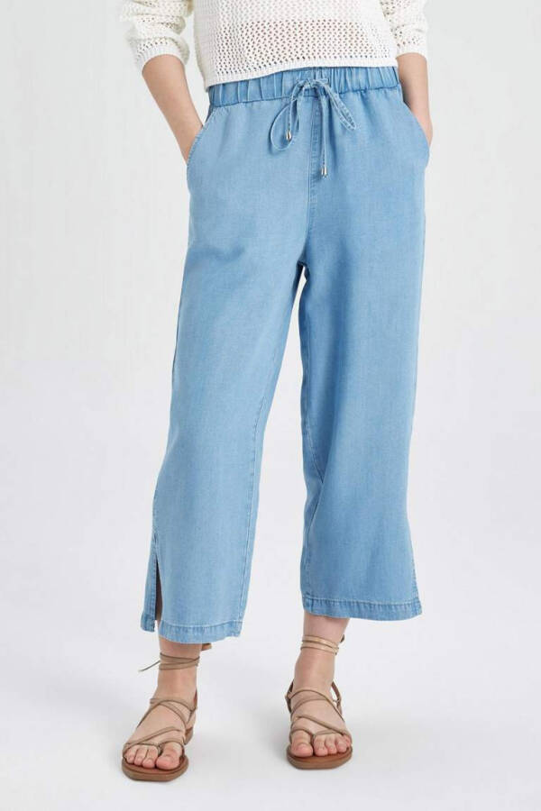 Culotte Yüksek Bel Kısa Geniş Paça Yırtmaçlı Jean Pantolon Mint Mavi - 10