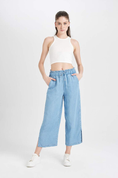 Culotte Yüksek Bel Kısa Geniş Paça Yırtmaçlı Jean Pantolon Mint Mavi - 5