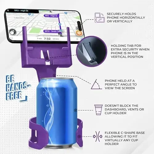 Cup Holder Phone Holder Mount for Car - Universal Adjustable Expander Cradle Hands-Free Driving - Compatible with All Smartphones Car Mount for iPhone Samsung Google Android Mobile Accessories Purple - 4