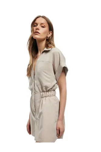 Cupro Modal Fabric Pocket Detailed Elastic Waist Short Sleeve Shirt Collar Shorts Jumpsuit-Vizon - 2