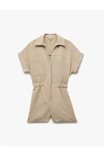 Cupro Modal Fabric Pocket Detailed Elastic Waist Short Sleeve Shirt Collar Shorts Jumpsuit-Vizon - 4